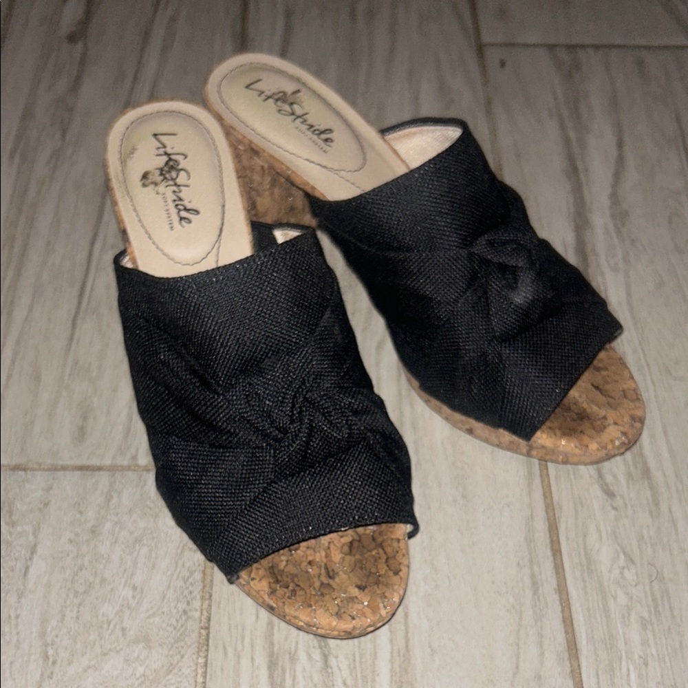 Life Stride Black Knot-Front Cork Wedge Mules